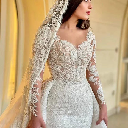 Customized Elegant Mermaid Wedding DressesDetachable Train Romantic Lace Long Sleeve Bride Dresses For Vestidos De Novia
