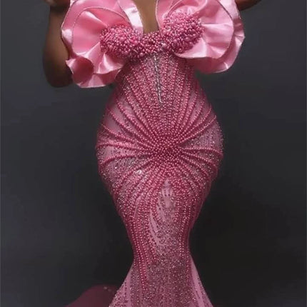 African Aso Ebi Pink Mermaid Prom Dresses  Pearls Evening Dress Black Girls Wedding Party Gowns Vestidos De Cóctel Customized