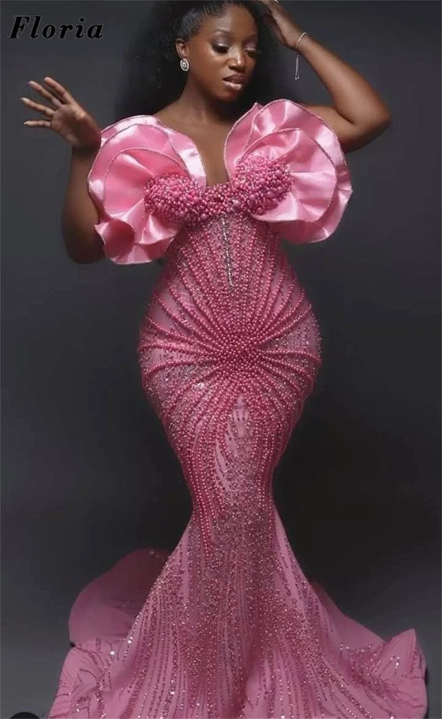 Afrikanische Aso Ebi Pink Meerjungfrau Ballkleider Perlen Abendkleid Schwarze Mädchen Hochzeitsfeier Kleider Vestidos De Cóctel Maßgeschneidert