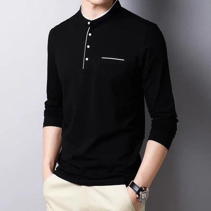 2025 Men's Business Casual Three Button Stand Up Collar Long Sleeved T-shirt Korean Style Comfortable Versatile Top