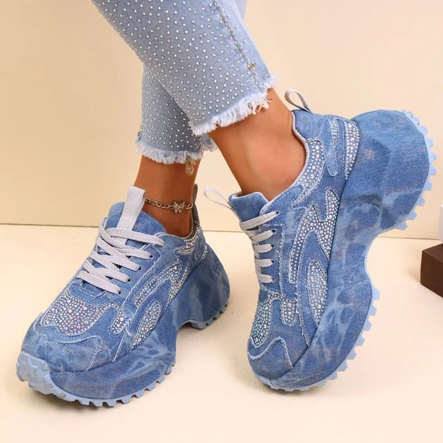 Fall New Heavy Industry Denim Rhinestone Platform Casual Women's Sneakers 2025 Round Toe Plus Size Single Shoes