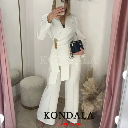 KONDALA Office Lady Chic White Women Blazer Suit Solid Long Sleeve Blazer Long Zipper Pants Fashion 2026 Spring Summer Suit