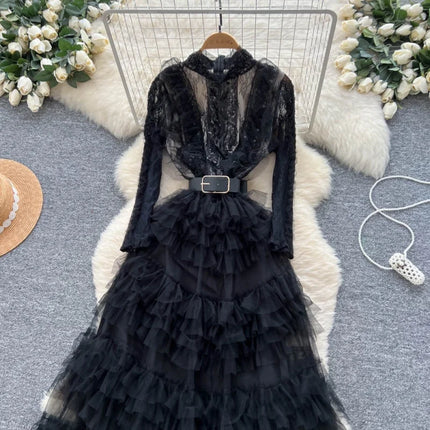 Elegant Cake Dress Spring Clothing Women Full Sleeve O-neck Maxi Long Dresses Evening  Party Club Ball Gown Mesh Dress Vestidos