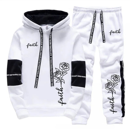 Faith Flower Print Hoodie and Sweatpants 2pcs Set Men/women Daily Casual Sports Hooded Outfit Autumn Unisex Fashion Jogging Suit