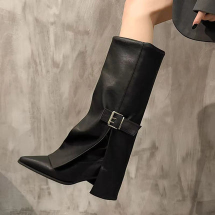 Thin Folkel Single Boots Autumn New Pointed Toe Metal Belt Buckle Anti-Slip Wear-Resistant Sleeve Tall Boots