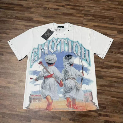 Fashion Brand Mixed Emotion Embroidery Rhinestone American Streetwear Angel Print Hot Diamond Top Tee Men Women Loose T shirts