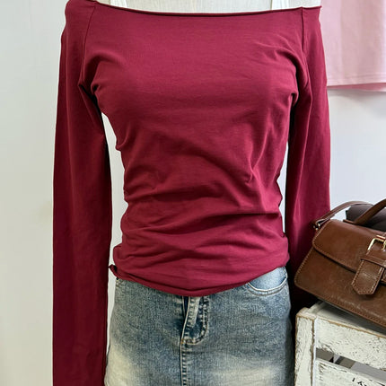 Sweet Pink Striped Long Sleeve T-shirt Women New Spring Cotton Raw Hem Slash Neck Slim Tee Tops Cute Preppy Style T shirt Y2K