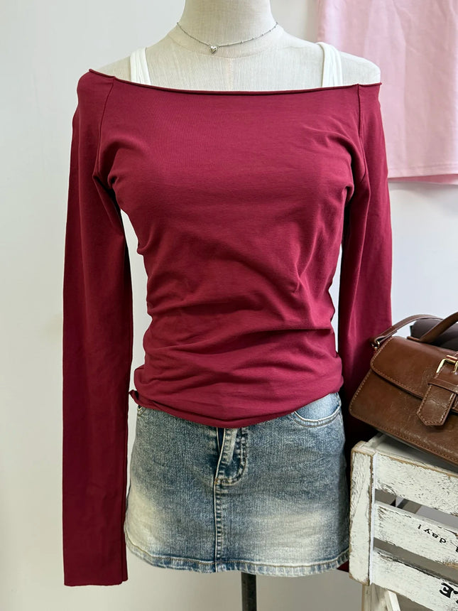 Süßes rosa gestreiftes Langarm-T-Shirt für Damen, neues Frühjahr, Baumwolle, offener Saum, U-Boot-Ausschnitt, schmales T-Shirt, süßer Preppy-Stil, Y2K