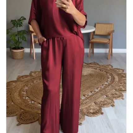Spring Summer Fashion Solid Smooth Satin Two Piece Sets New Women's V Neck Half Sleeved Top And Long Pants Casual Loose Outfits