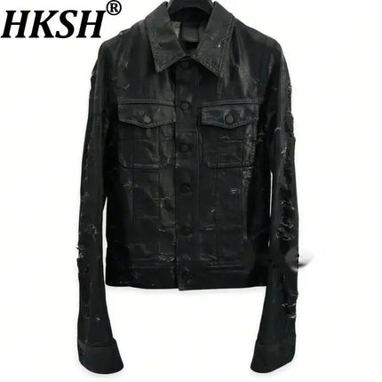 HKSH Spring Autumn Men's Tide Chic Ins Dark Waste Land Style Heavy Waxed Denim Jacket High Street Luxury Versatile Coats HK24221