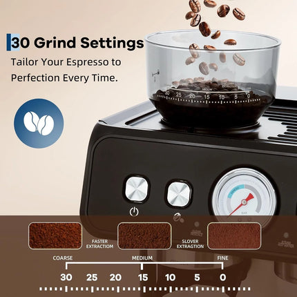 Stainless Steel Espresso Machine with Grinder 20 Bar ＆ 2.8l Removable Tank
