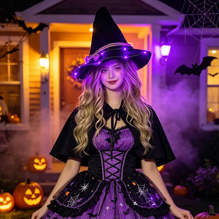 LED Light Up Witch Hat Black Pointed Wizard Hat with Rope Glowing Party Hats Halloween Cosplay Costume Accessory for Women
