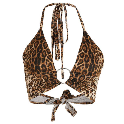 Leopard Print Halter Crop Top for Women Backless Bandage Lace-Up Sequin Metal Ring Detail Party Club Bustier 2025 Style