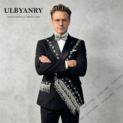 ULBYANRY Men's 2pc Formal Suit Set for Formal Events, Wedding Grooms Suit Double Breasted Jacket with Crystals Tassels Prom Suit