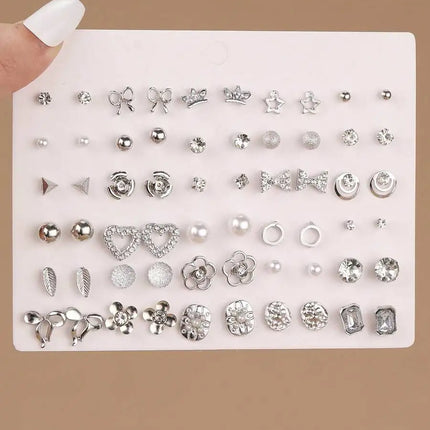 30 Pairs Elegant Metal Butterfly Flower Pearl Rhinestone Stud Earrings Set for Women