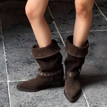 Vintage Suede Western Boots Women 2025 New Summer Pointed Toe Belt Buckle Non-Slip Block Heel Travel Boots