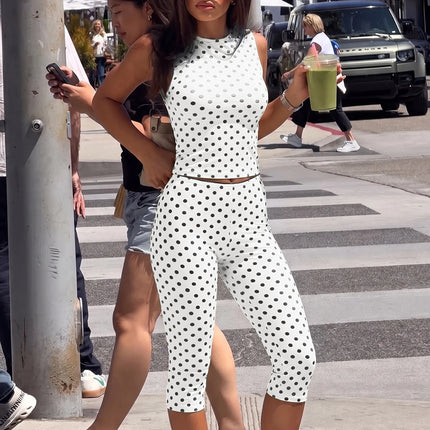 Dulzura Polka Dot Casual Sports 2 Piece Long Pants Set Backless Tank Top Slim Fit Long Pants Matching Set Vacation Street Outfit