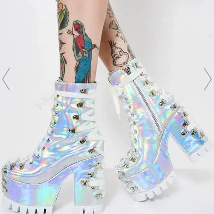 Size 47 Women Sliver Laser Shiny Patent Leather Cross Tied Lace Up Round Toe Platform Chunky Heels Ankle Boots Punk Short Boots