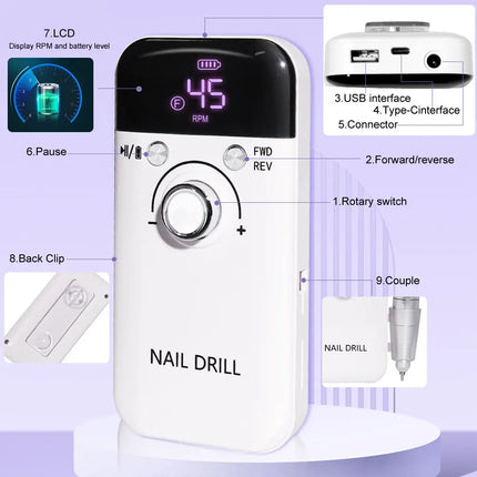 LIMEGIRL, 45000RPM Electric Nail Drill Polisher Rechargeable Portable Electric Nail File Machine Kit for Home Acrylic Gel Nails Polishing