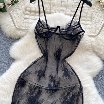 Woman Fashion Thin See Through Slim Fit Pure Desire Dress Women New Vintage Sexy Halter Mesh Embroidery Purple Long Dress