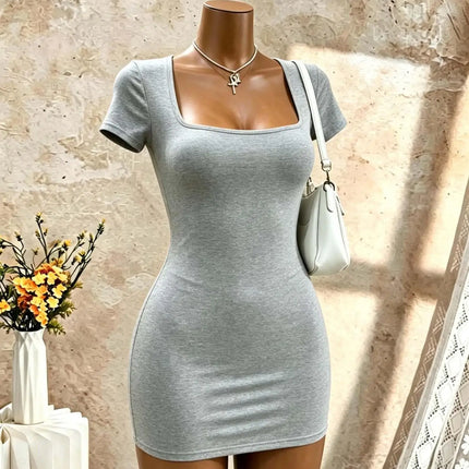 Square Neck Short Sleeve Bodycon Mini Dress Solid Black Slim Fit Pencil Club Party Night Out Tight Short