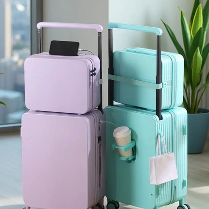 20+14'24+14' Luggage Set with USB & Cup Holder TSA Lock 360° Wheels Side-standing Foot Hook PC+ABS Suitcase Foldable Travel Case