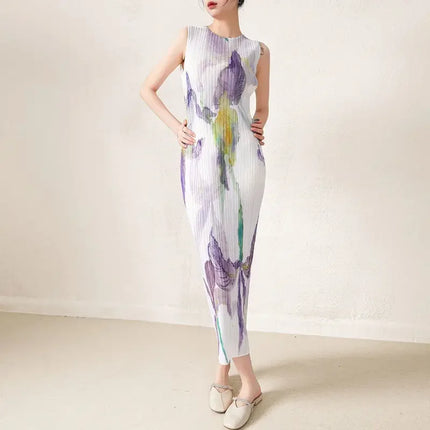 Sleeveless round neck dress for women 2023 new high-end printed pleated straight tube  vestidos elegantes para mujer