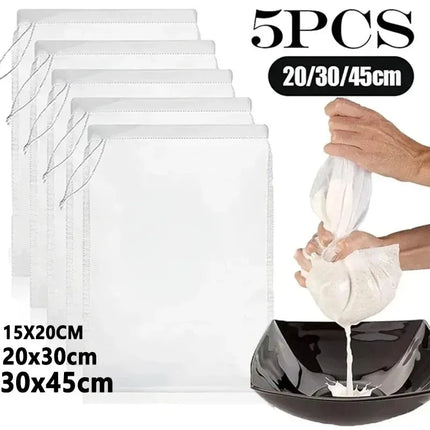 1/3/5Pcs Reusable Nut Milk Bags Strainers Unbleached Nylon Cheesecloth Bag Food Cheese Yogurt Filter Kitchen Fine Mesh Strainer