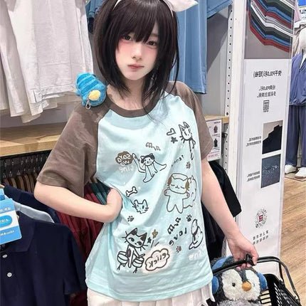 Women Japanese Cartoon Printing Tops E-girl Fairycore Contrast Color Cute Graphic T Shirt Y2k Aesthetics Grunge Casual T-shirt