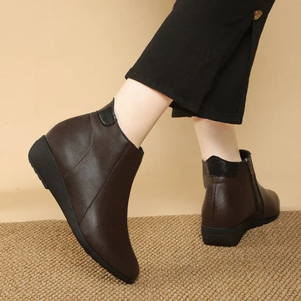 Booties Round Toe Leather Ankle Boots for Women Fur Woman Short Shoes Flat Fashion 2026 Chic and Elegant High Quality Autumn Hot