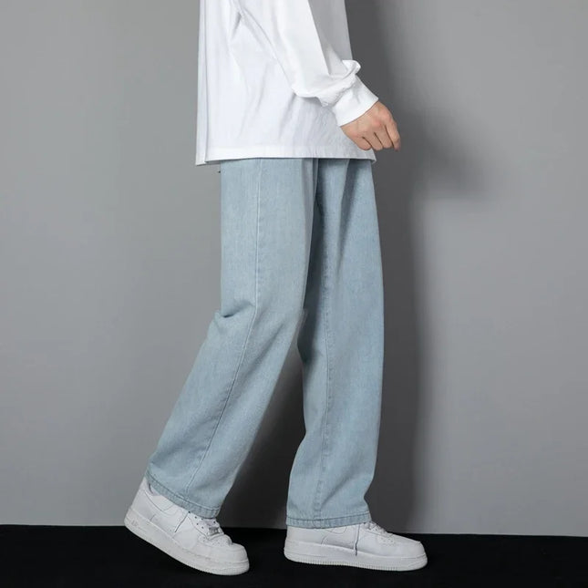 2026 New Korean Men's Casual Long Jeans Classic Man Straight Denim Wide-leg Pants Solid Color Light Blue Black 3XL Cargo Jean