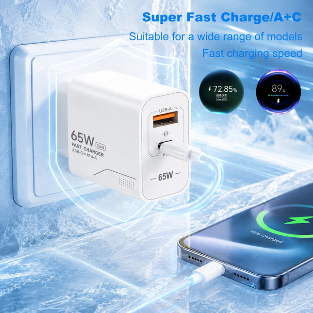 65W GaN USB-C Charger 2-Port Fast Charging Phone Charger Power Adapter For iPhone Samsung Xiaomi USB-C EU/US Plug - product i