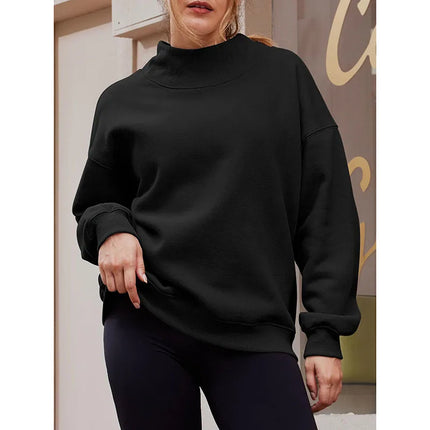 Casual Commuter Comfort Pullover Loose-Fit Solid-Color Half-High Neck Crew Neck Sweatshirt Top