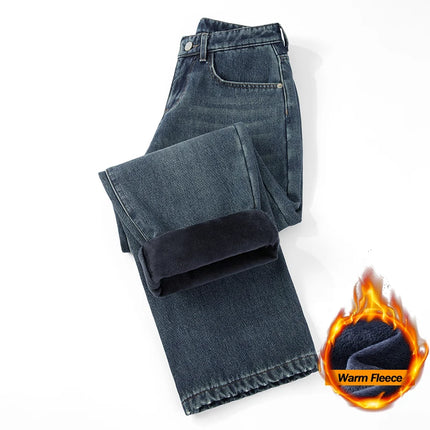Fleece Jeans Winter Wide Leg Men's Warm Plush Velvet Denim Pants Fashion Korean Straight Streetwear Loose Thick Thermal Trousers