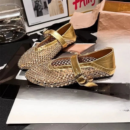 Round Toe Sandals for Women New Rhinestone Full Diamond Fishing Net Hollowed Out One Word Mary Zhen Baotou Flat Single Shoes