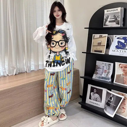 2Pcs Spring Autumn Clothing Sets Sleepwear Pajamas Set Cotton Cartoon Pyjamas Y2K Aesthetic Fashion Fit Loungewear