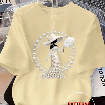 Women's Printed T-Shirt Pearl Diamond Jewelry Women's Design Casual Round Neck Short-sleeved Top Urban Style Printed T-Shirt