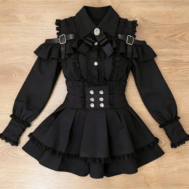 Japanisches süßes, schlankes Damen-Partykleid mit Rüschenspitze, schicker Schleife, langen Ärmeln, Kawaii Sweet Style Set, leichtes, trendiges weibliches Design