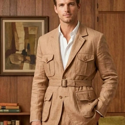 Vintage 2 Pieces Linen Suit British Safari Style Men Belted Waist Multi Flap Pocket Jacket Pants Breathable Summer Customized