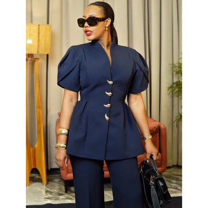 Women Stand Collar Puff Sleeve Button Peplum Top And Straight Leg Pants For Elegant Office Business And Daily Occasion