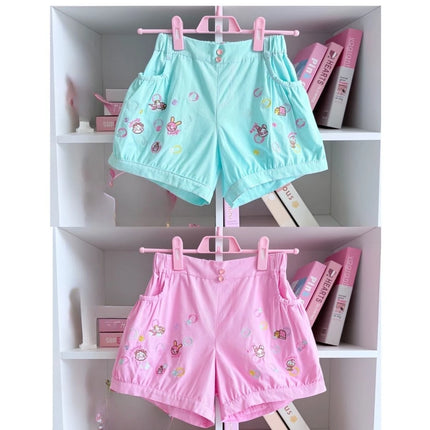 Japaneese Y2K Kawaii Cartoon Bunny Print Women Casual Shorts Women  Elastic Waist Bottoms Pocket Rolled Hem Casual Shorts