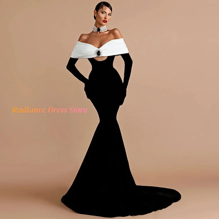Contrast Color Crystal Mermaid Evening Dress Off The Shoulder Prom Dresses Customized Luxury Court Train Celebrity Gowns