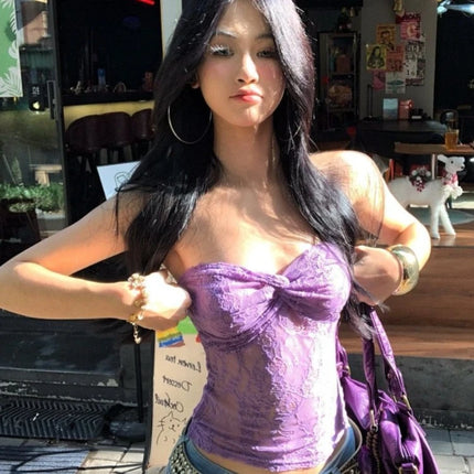 Streetwear Lace Flower Sexy Strapless Vest Women Y2k Aesthetic Bodycon Top Harajuku Grunge Vintage Pleated Camisole