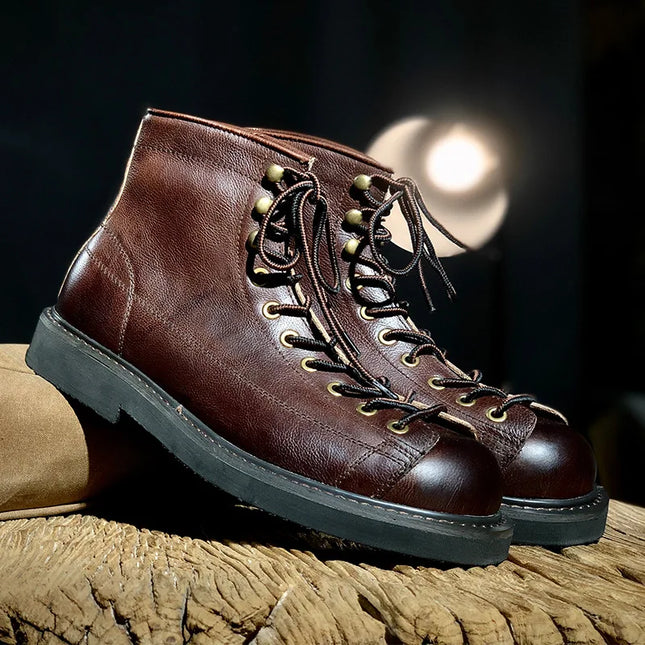 Men's High Top American Vintage Combat Boots, Genuine Leather Breathable Work Boots with Platform Sole for Casual & Rugged Style