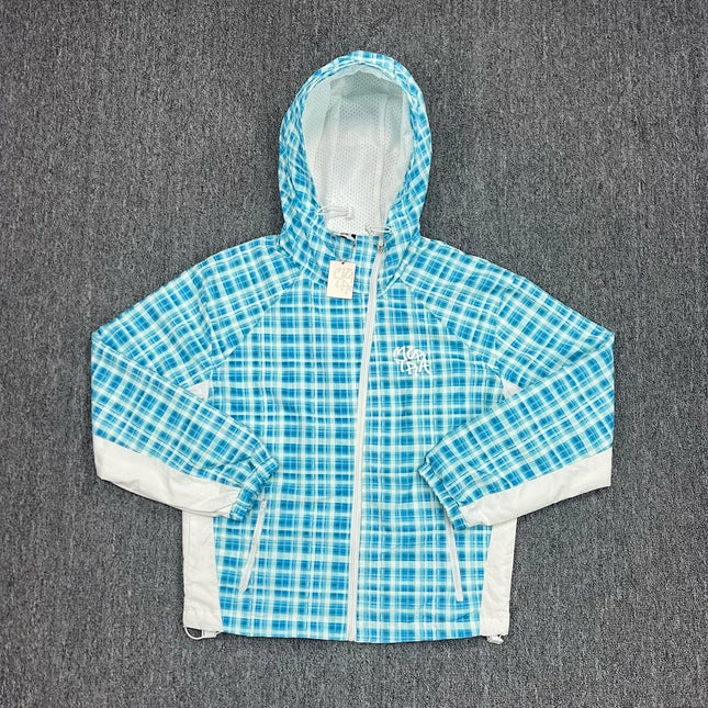 Beste Qualität Winddichtes Mesh-Innenfutter Blau-Grün Karierte Outdoor-Jacken Herren Damen Buchstabenstickerei Mertra Schräger Reißverschluss Jacke