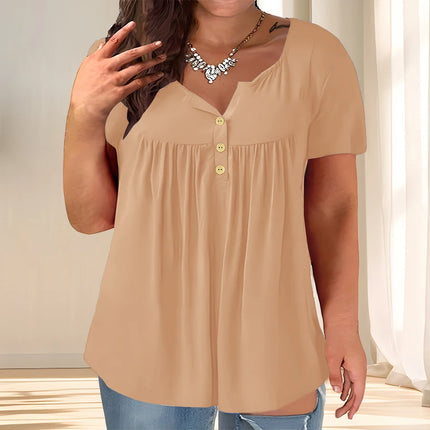 [Elegant Plus Size Blouse] Lightweight Polyester Women's Casual Crew Neck Short Sleeve Blouse, Plus Size | Solid Color, Subtle S
