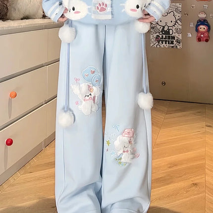Cute Cartoon Wide Leg Pant Women Lace Patchwork High Waist Sweet Trousers Vintage Japan Preppy Style Fall Winter Kawaii Pants