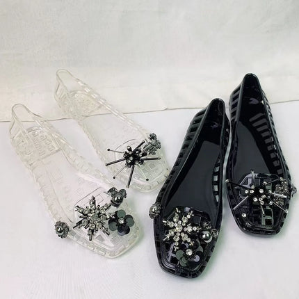 New Korean Ins Jelly Shoes Crystal Shoes Transparent Square Toe Clogs Summer Outdoor Commuting Lazy Slide Sandals