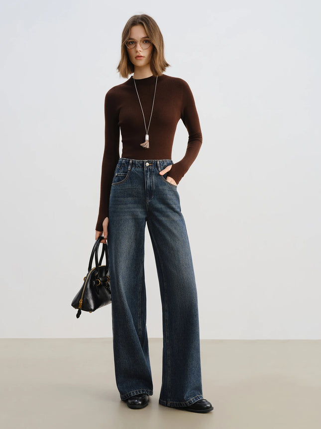 ZIQIAO 2025 New Blue Vintage Straight Leg Floor-Length Jeans for Women Brushed Soft Denim Pants High Waisted Slim Fit Trousers