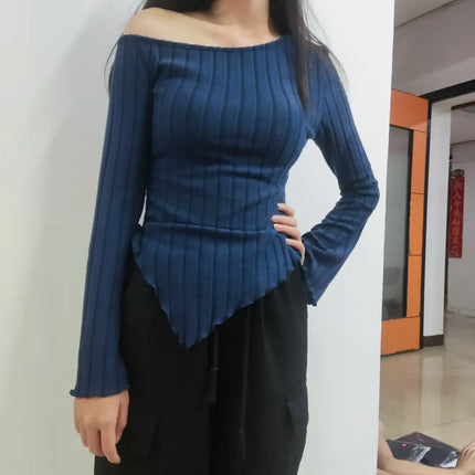Women's Off-Shoulder Cross Long-Sleeved Slim Fit T-Shirt Asymmetrical Street Style Casual Elegant Top with Trumpet Sleeves